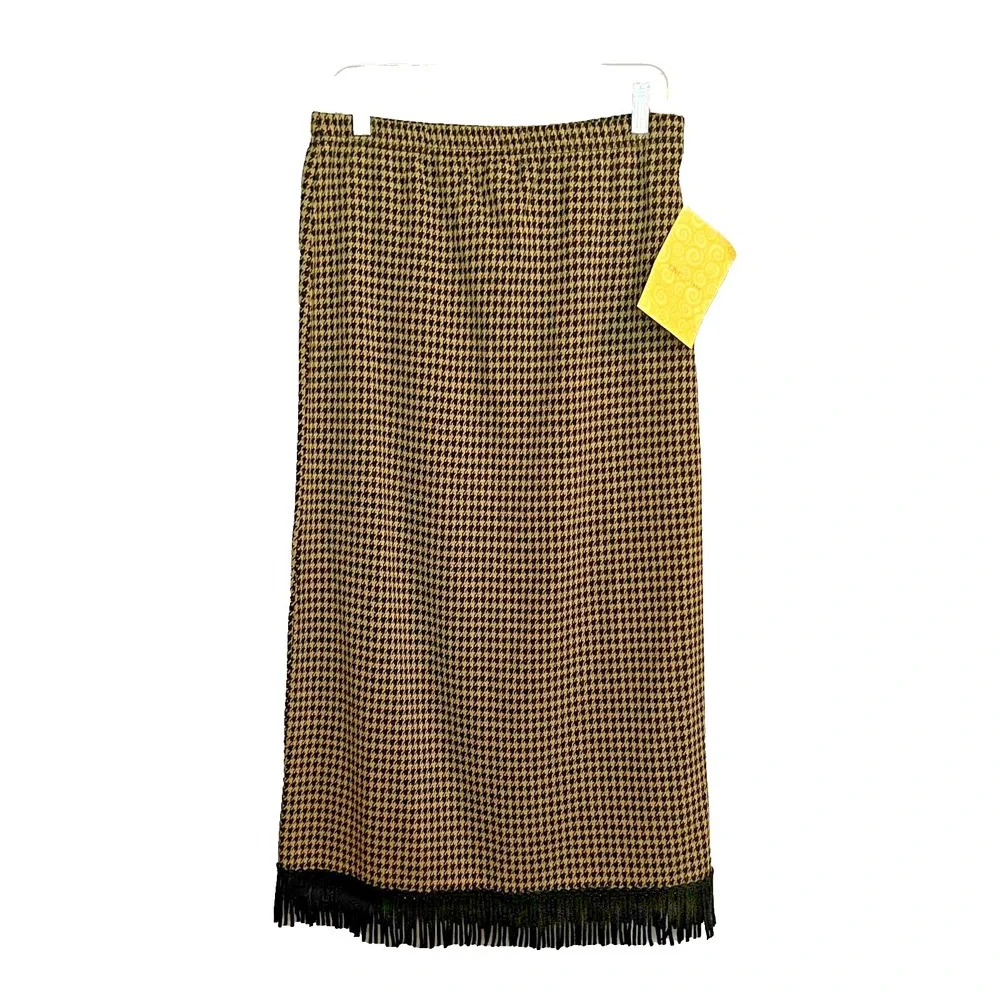 NWT Nina Leonard Houndstooth Skirt With‎ Black Fringe Size Medium Ankle Length